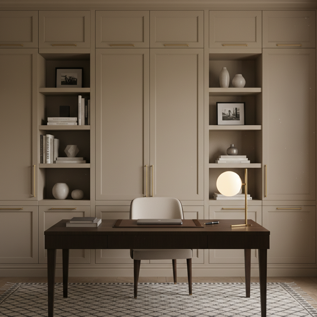 An elegant home office designed for a discerning client, featuring a custom built-in wall of floor-to-ceiling cabinetry in a warm putty tone with slim, brushed brass hardware and integrated open shelving. A streamlined dark wood desk with tapered legs sits atop a finely patterned wool rug in muted charcoal and ivory. A minimalist table lamp with an opal glass shade provides a warm pool of light, complemented by indirect daylight from a nearby window just outside frame. Photographic realism, captured at eye level with a shallow depth of field that keeps the desk and immediate surroundings crisp while gently softening the far shelving. The mood is focused, refined, and quietly luxurious, showcasing Angelica Santos’ sophistication in blending function, storage, and elegant styling.